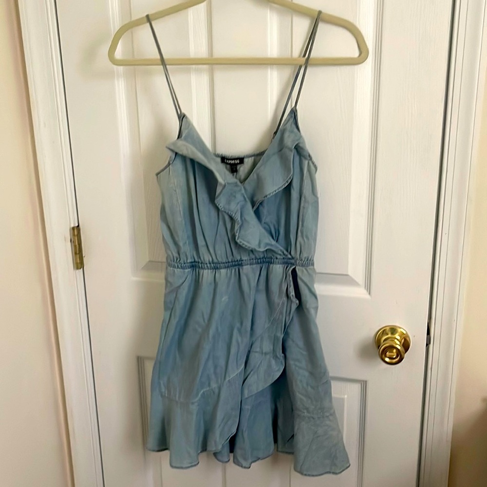 Denim dress with ruffles; 16” below waist